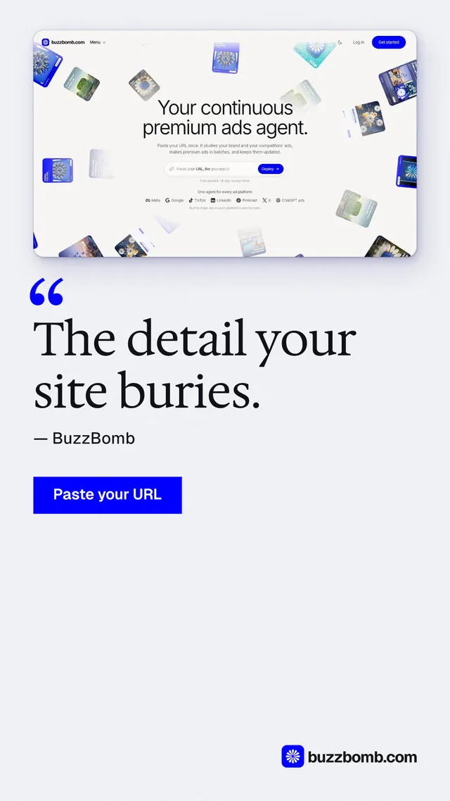 Instagram story for BuzzBomb: "The detail your site buries." Swiss style, quote layout, light palette in white, blue.