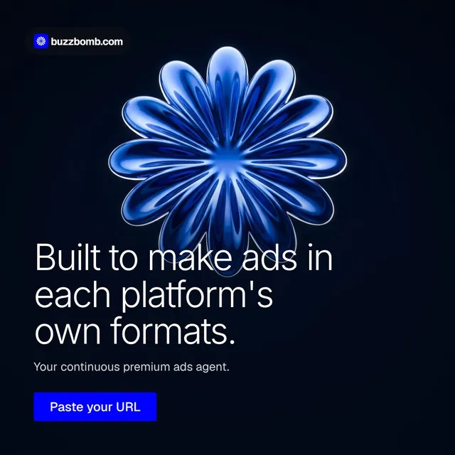 Video for BuzzBomb: "Built to make ads in each platform's own formats.". Doc motion loop, 7.0 s, dark palette.