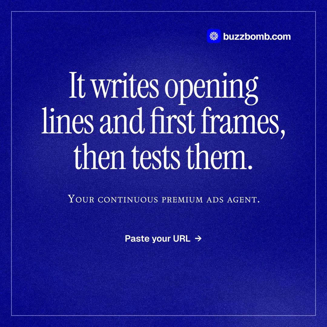 Instagram post for BuzzBomb: "It writes opening lines and first frames, then tests them." Editorial style, smallcaps layout, dark palette in blue.