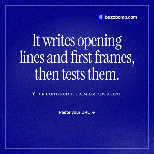 Instagram post for BuzzBomb: "It writes opening lines and first frames, then tests them." Editorial style, smallcaps layout, dark palette in blue.