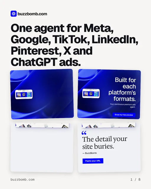 Carousel for BuzzBomb: "One agent for Meta, Google, TikTok, LinkedIn, Pinterest, X and ChatGPT ads.". Collection carousel, 8 slides, light palette.