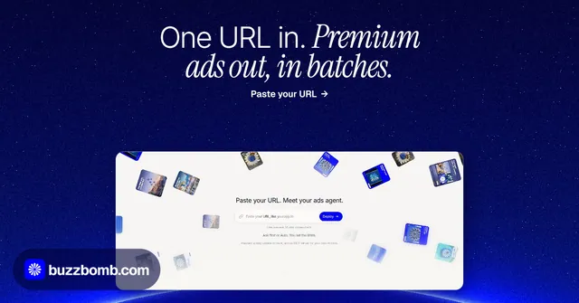 Social ad for BuzzBomb: "One URL in. Premium ads out, in batches." Swiss style, ogui layout, dark palette in blue, white.