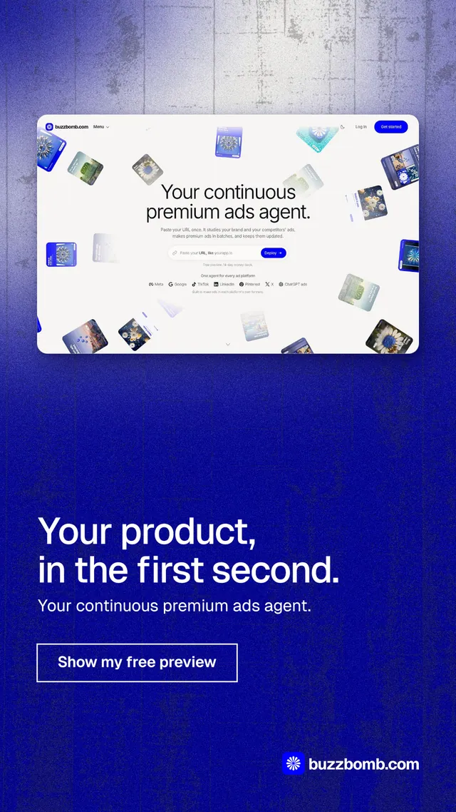 Instagram story for BuzzBomb: "Your product, in the first second." Cyanotype style, bottom layout, dark palette in white, blue.