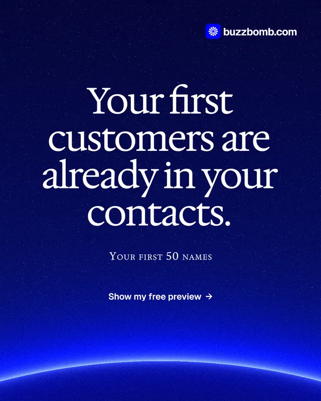 Instagram portrait post for BuzzBomb: "Your first customers are already in your contacts." Swiss style, smallcaps layout, dark palette in blue.