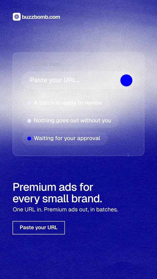 Instagram story for BuzzBomb: "Premium ads for every small brand." Cyanotype style, bottom layout, dark palette in blue.