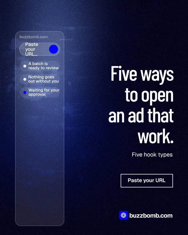 Instagram portrait post for BuzzBomb: "Five ways to open an ad that work." Dark deco style, right layout, dark palette in black, blue, grey.