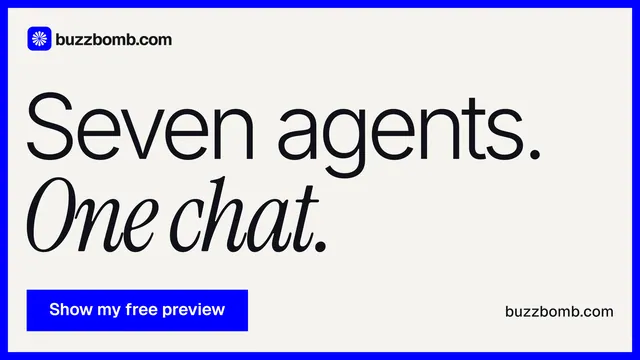 Landscape graphic for BuzzBomb: "Seven agents. One chat." Swiss style, poster layout, light palette in white, blue, grey.