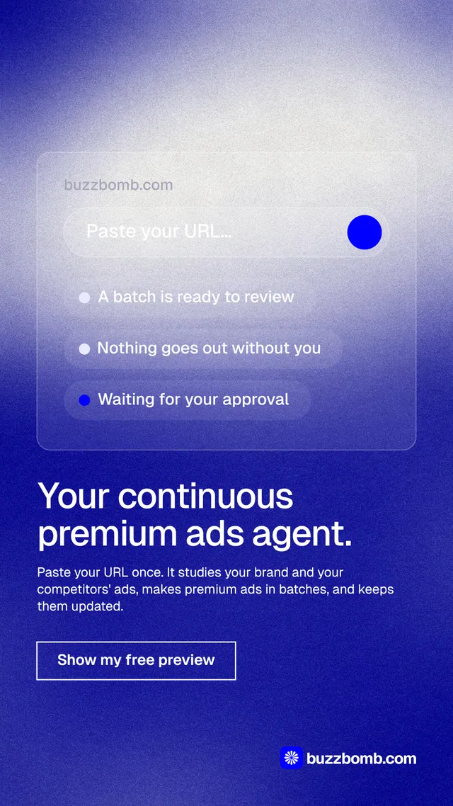 Instagram story for BuzzBomb: "Your continuous premium ads agent." Cyanotype style, bottom layout, light palette in blue, white.