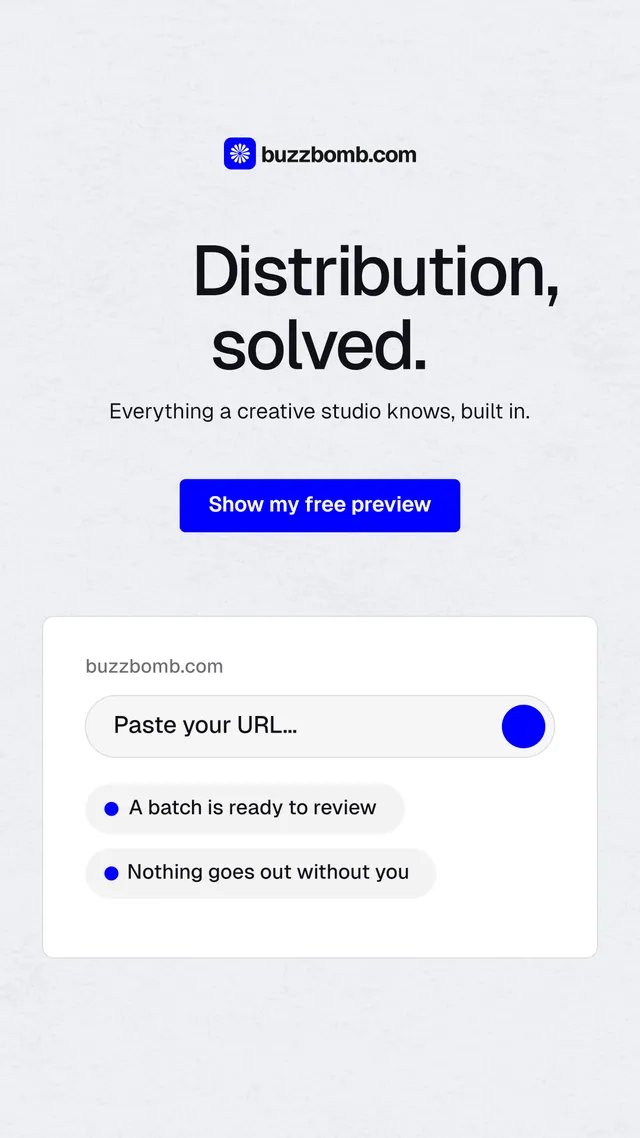 Instagram story for BuzzBomb: "Distribution, solved." Data card style, centred layout, light palette in white, blue.
