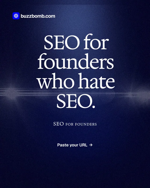 Instagram portrait post for BuzzBomb: "SEO for founders who hate SEO." Dark deco style, smallcaps layout, dark palette in black, blue, grey.
