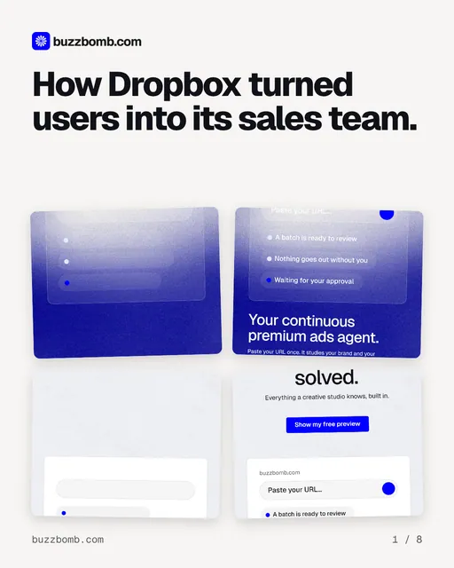 Carousel for BuzzBomb: "How Dropbox turned users into its sales team.". Collection carousel, 8 slides, light palette.