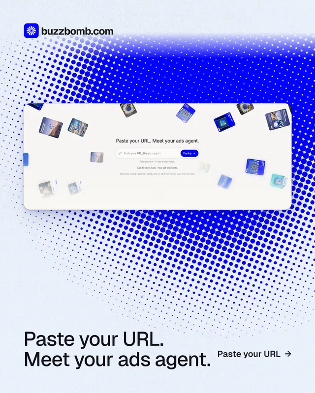 Instagram portrait post for BuzzBomb: "Paste your URL. Meet your ads agent." Swiss style, image led layout, light palette in white, blue.