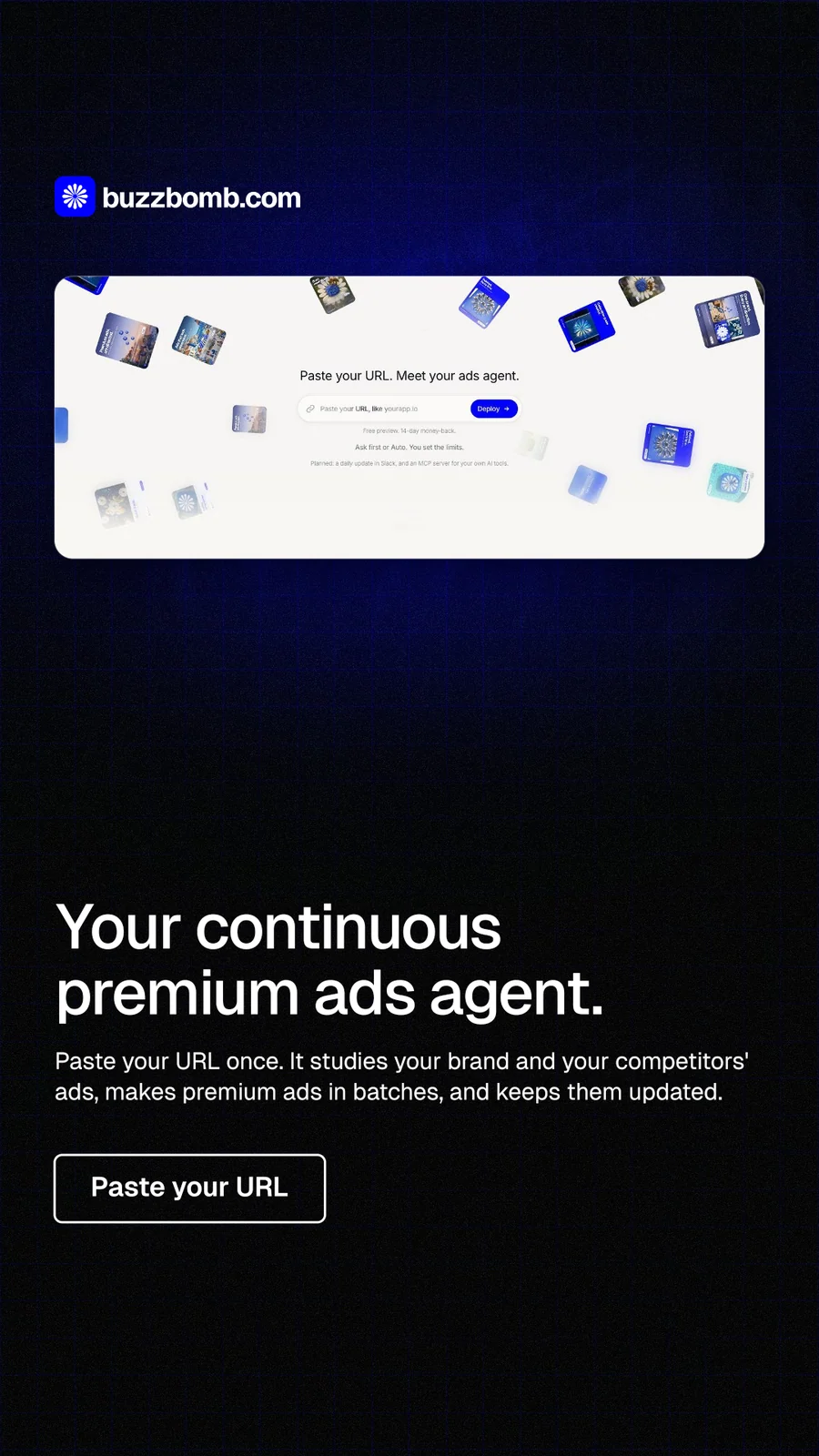 Instagram story for BuzzBomb: "Your continuous premium ads agent." Phosphor atlas style, bottom layout, dark palette in black, white.