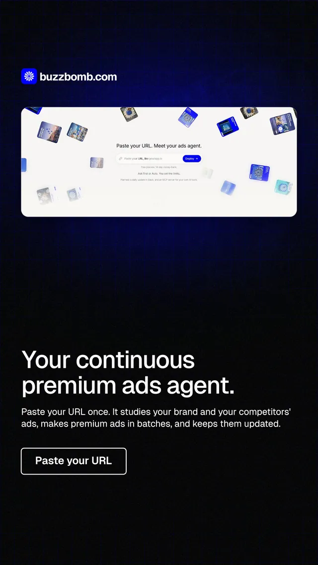Instagram story for BuzzBomb: "Your continuous premium ads agent." Phosphor atlas style, bottom layout, dark palette in black, white.