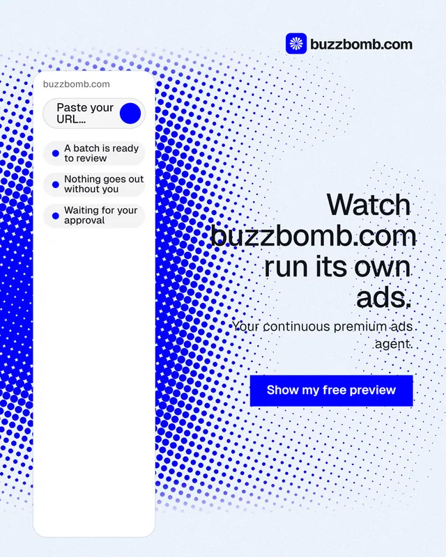 Instagram portrait post for BuzzBomb: "Watch buzzbomb.com run its own ads." Swiss style, right layout, light palette in white, blue.
