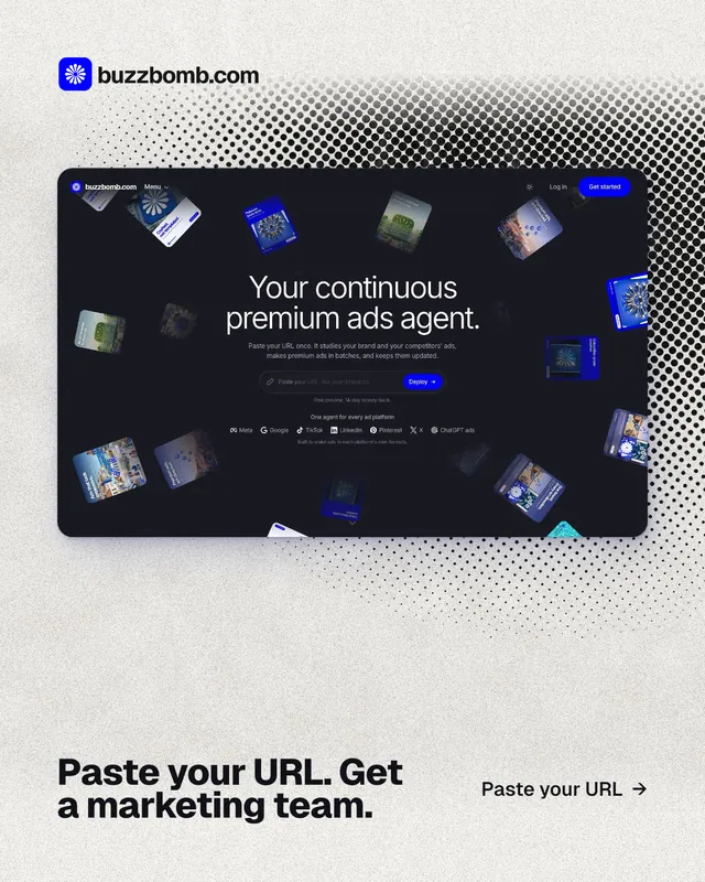 Instagram portrait post for BuzzBomb: "Paste your URL. Get a marketing team." Ink sticker style, image led layout, light palette in blue, white, grey.