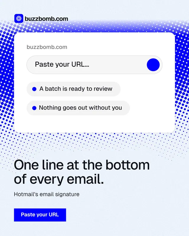 Instagram portrait post for BuzzBomb: "One line at the bottom of every email." Swiss style, bottom layout, light palette in white, blue.