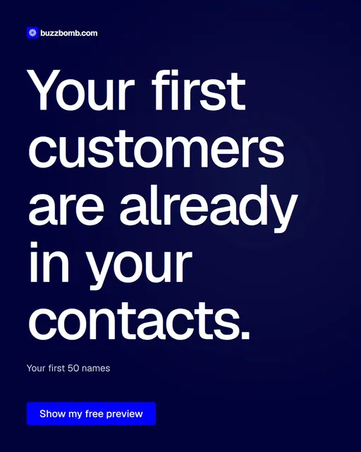 Video for BuzzBomb: "Your first customers are already in your contacts.". Doc motion loop, 6.0 s, dark palette.