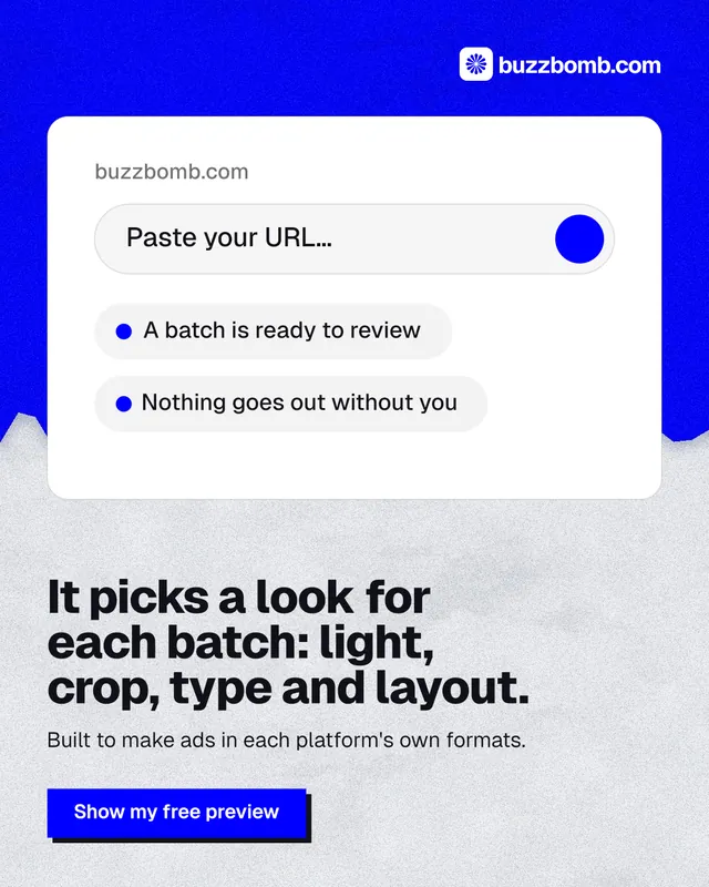 Instagram portrait post for BuzzBomb: "It picks a look for each batch: light, crop, type and layout." Paper trio style, bottom layout, light palette in white, blue.