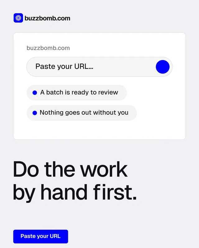 Instagram portrait post for BuzzBomb: "Do the work by hand first." Data card style, bottom layout, light palette in white, blue.