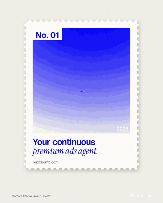 Instagram portrait post for BuzzBomb: "Your continuous premium ads agent." Single style, technique:stamp series layout, light palette in yellow, blue, white.