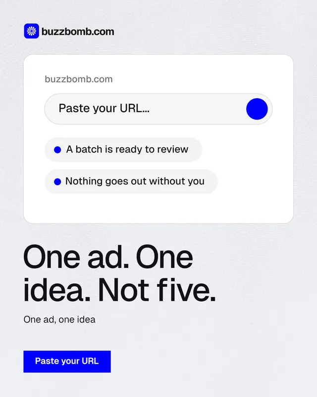 Instagram portrait post for BuzzBomb: "One ad. One idea. Not five." Swiss style, bottom layout, light palette in white, blue.