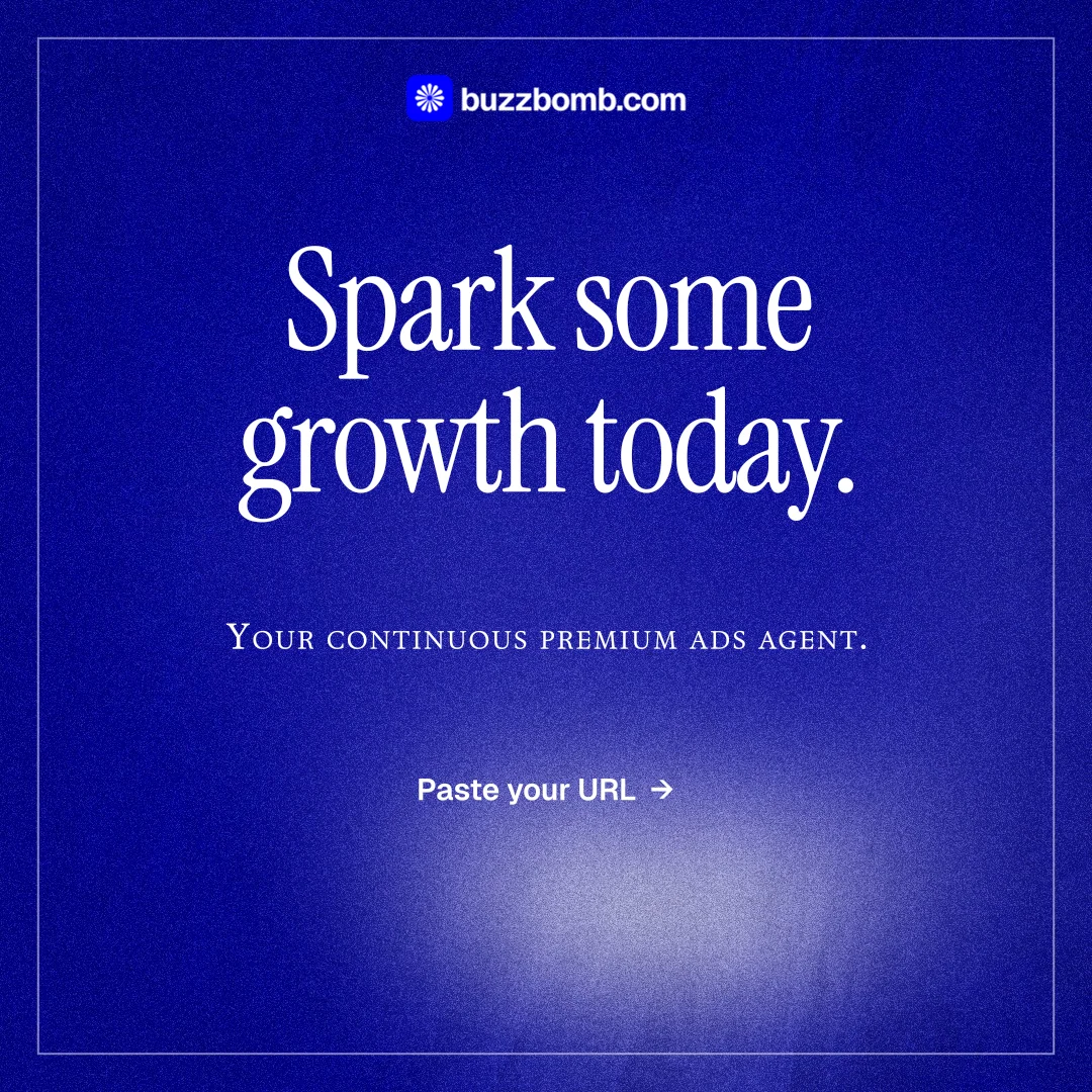 Instagram post for BuzzBomb: "Spark some growth today." Editorial style, smallcaps layout, dark palette in blue.