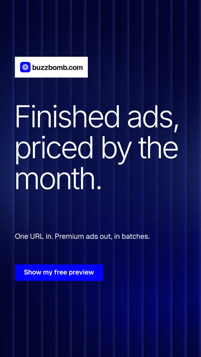 Instagram story for BuzzBomb: "Finished ads, priced by the month." Swiss style, announce layout, dark palette in blue, black.