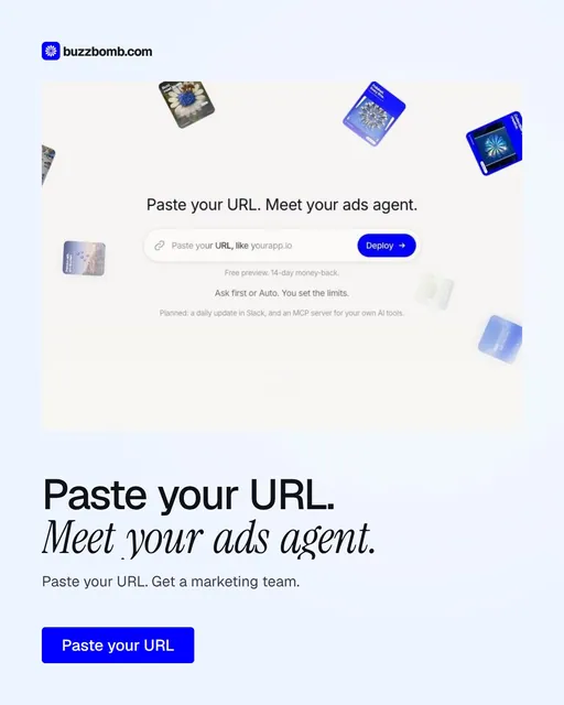 Video for BuzzBomb: "Paste your URL. Meet your ads agent.". Doc motion loop, 8.0 s, light palette.