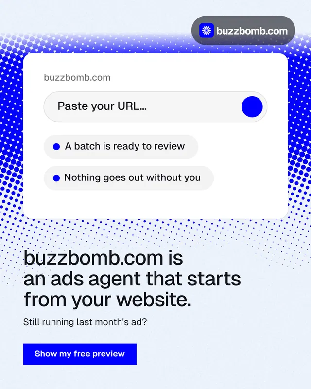 Instagram portrait post for BuzzBomb: "buzzbomb.com is an ads agent that starts from your website." Swiss style, bottom layout, light palette in white, blue.