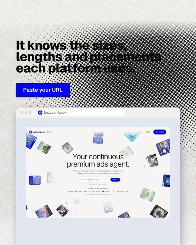 Instagram portrait post for BuzzBomb: "It knows the sizes, lengths and placements each platform uses." Ink sticker style, browser layout, light palette in white, grey.