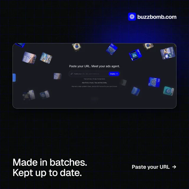 Instagram post for BuzzBomb: "Made in batches. Kept up to date." Phosphor atlas style, image led layout, dark palette in black, blue.