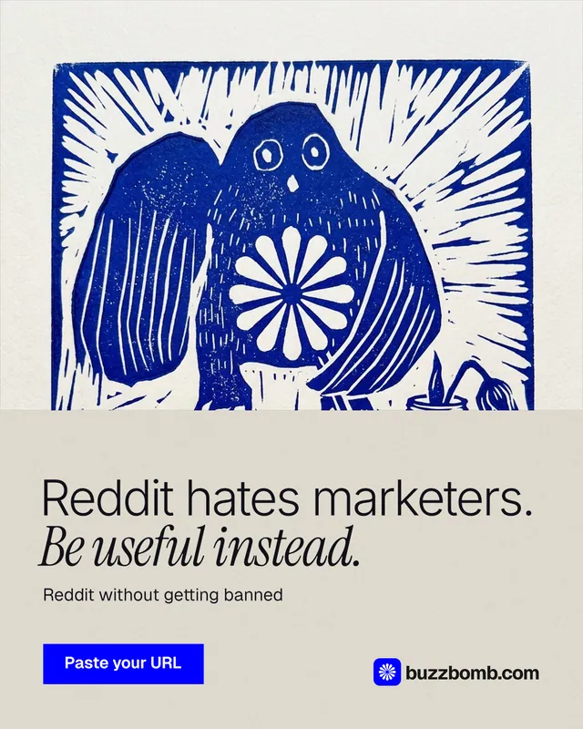 Instagram portrait post for BuzzBomb: "Reddit hates marketers. Be useful instead." Swiss style, bottom layout, light palette in yellow, blue, white.
