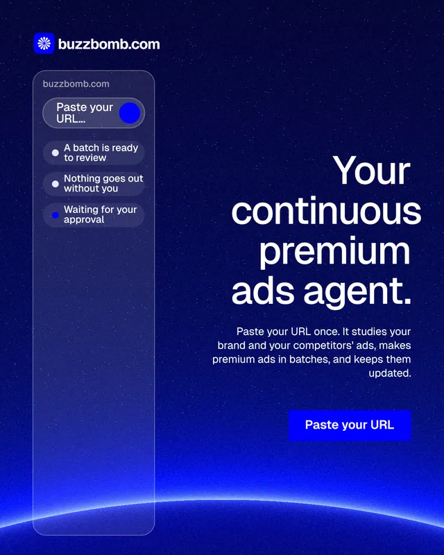 Instagram portrait post for BuzzBomb: "Your continuous premium ads agent." Swiss style, right layout, dark palette in blue.