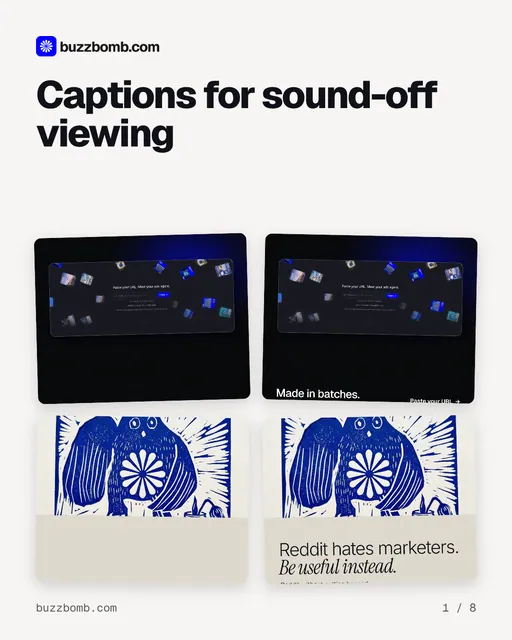 Carousel for BuzzBomb: "Captions for sound-off viewing". Collection carousel, 8 slides, light palette.