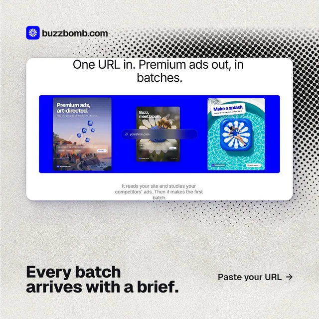 Instagram post for BuzzBomb: "Every batch arrives with a brief." Ink sticker style, image led layout, light palette in white, blue, grey.