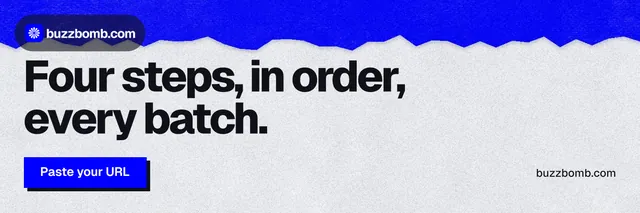 X header for BuzzBomb: "Four steps, in order, every batch." Paper trio style, poster layout, light palette in white, blue, grey.