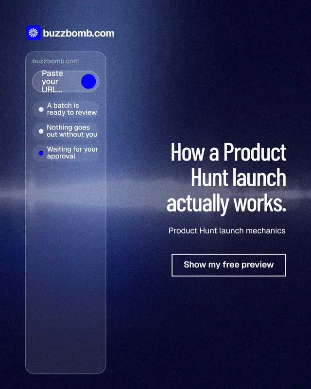 Instagram portrait post for BuzzBomb: "How a Product Hunt launch actually works." Dark deco style, right layout, dark palette in black, blue.