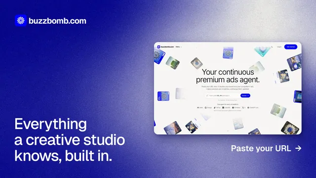 Landscape graphic for BuzzBomb: "Everything a creative studio knows, built in." Cyanotype style, image led layout, light palette in white, blue.