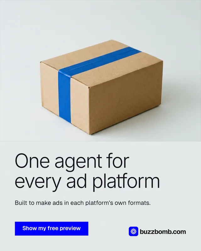 Instagram portrait post for BuzzBomb: "One agent for every ad platform". Swiss style, bottom layout, light palette in white, grey.