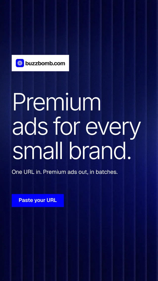 Instagram story for BuzzBomb: "Premium ads for every small brand." Swiss style, announce layout, dark palette in black, blue, grey.