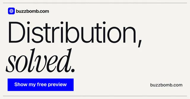 Social ad for BuzzBomb: "Distribution, solved." Swiss style, poster layout, light palette in white, blue.