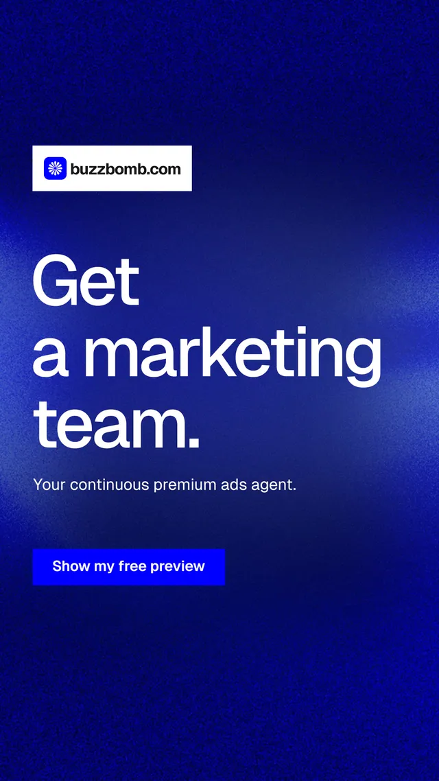 Instagram story for BuzzBomb: "Get a marketing team." Swiss style, announce layout, dark palette in blue.