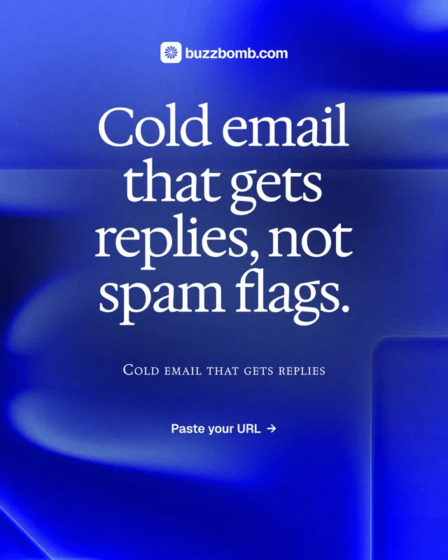 Instagram portrait post for BuzzBomb: "Cold email that gets replies, not spam flags." Swiss style, smallcaps layout, dark palette in blue.