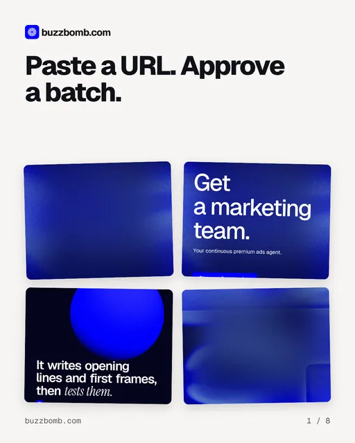Carousel for BuzzBomb: "Paste a URL. Approve a batch.". Collection carousel, 8 slides, light palette.