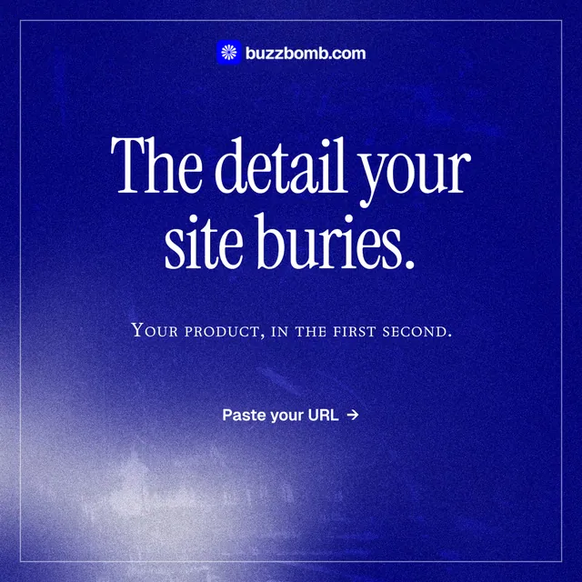 Instagram post for BuzzBomb: "The detail your site buries." Editorial style, smallcaps layout, dark palette in blue.