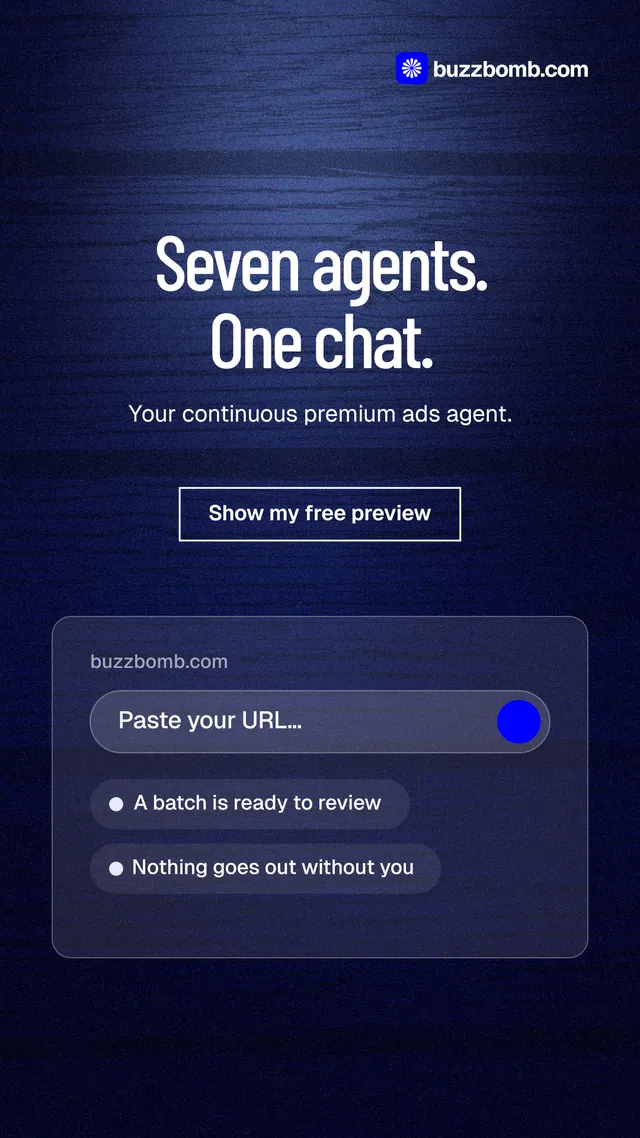 Instagram story for BuzzBomb: "Seven agents. One chat." Dark deco style, centred layout, dark palette in blue, black.