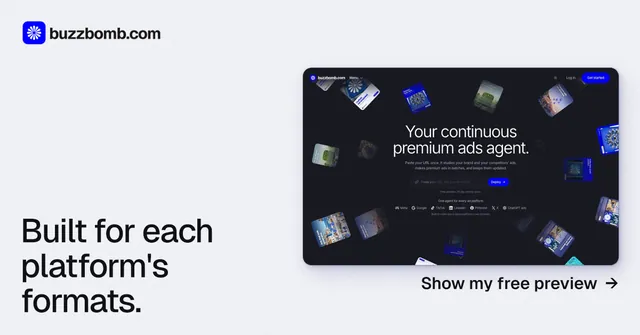 Social ad for BuzzBomb: "Built for each platform's formats." Data card style, image led layout, light palette in white, blue, grey.