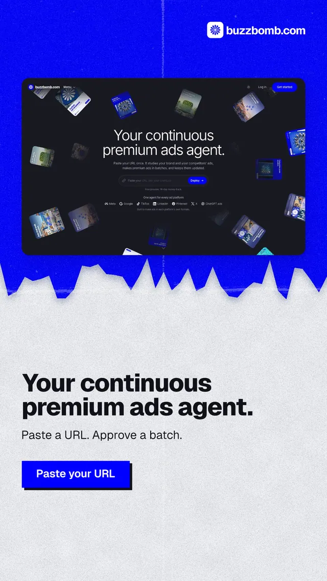 Instagram story for BuzzBomb: "Your continuous premium ads agent." Paper trio style, bottom layout, light palette in blue, white.