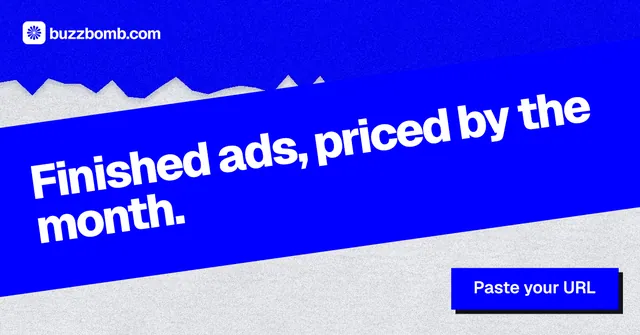 Social ad for BuzzBomb: "Finished ads, priced by the month." Paper trio style, diagonal layout, dark palette in blue, white.